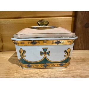 Vintage Toyo Porcelain Trinket Box Teal Gold Gilt Octagonal Fleur-de-lis Lidded‎